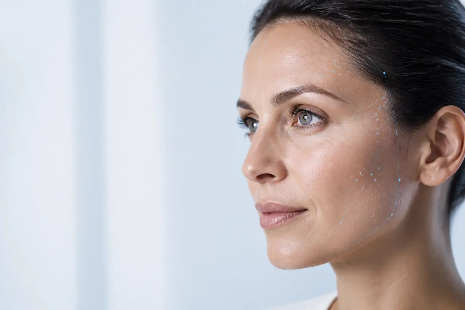 Visage analysé par des repères discrets illustrant l’intelligence artificielle appliquée à la consultation esthétique